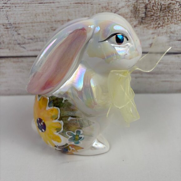VTG White Bunny Rabbit Figurine Iridescent Glossy Luster Yellow Flowers - Picture 1 of 9